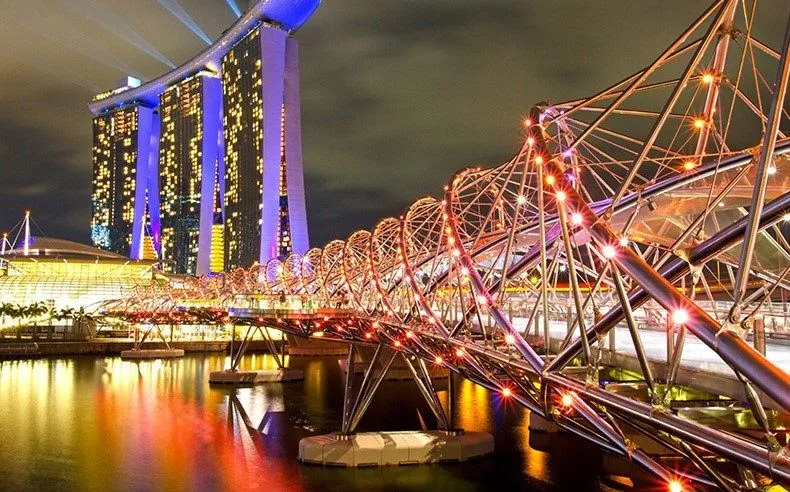 Double Helix Bridge lit up at night