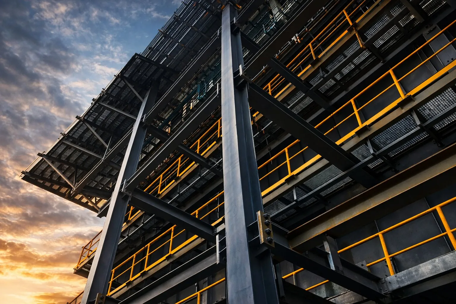 Steel structure with yellow handrails against a sunset sky